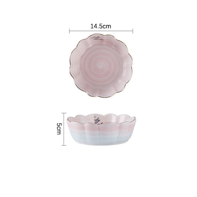 Household Deep Dish Pink Flower Shape Ceramic Soup Rice Salad Fruit Bowl