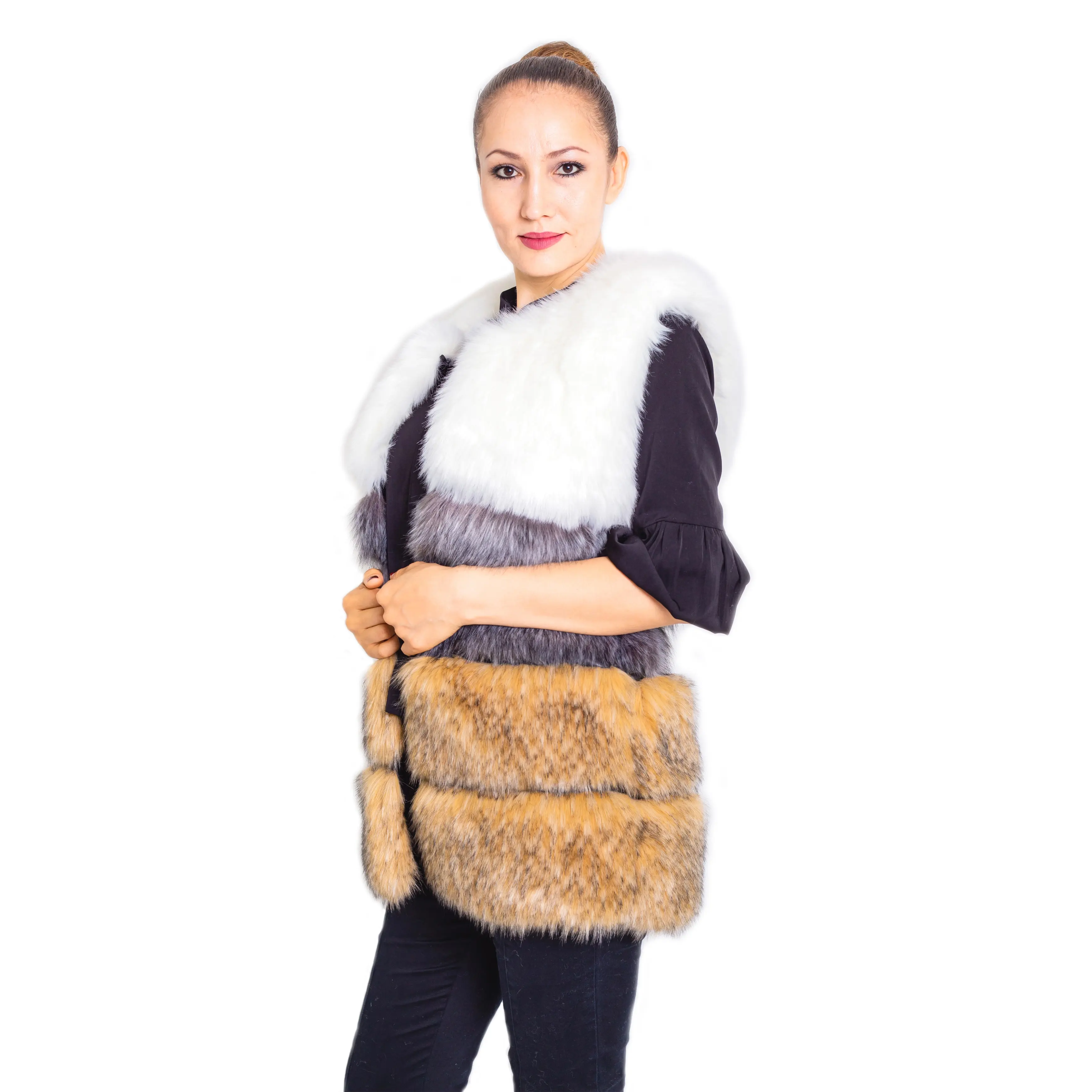 Hot Selling Winter Women Color Block Faux Fur Vest Fake Fur Gilet For Ladies