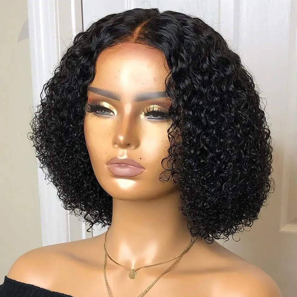 Short Curly Bob 13x4 Lace Front Human Hair Wigs Remy Brazilian For Women Pre Pluck Natural Color Bleached Knots