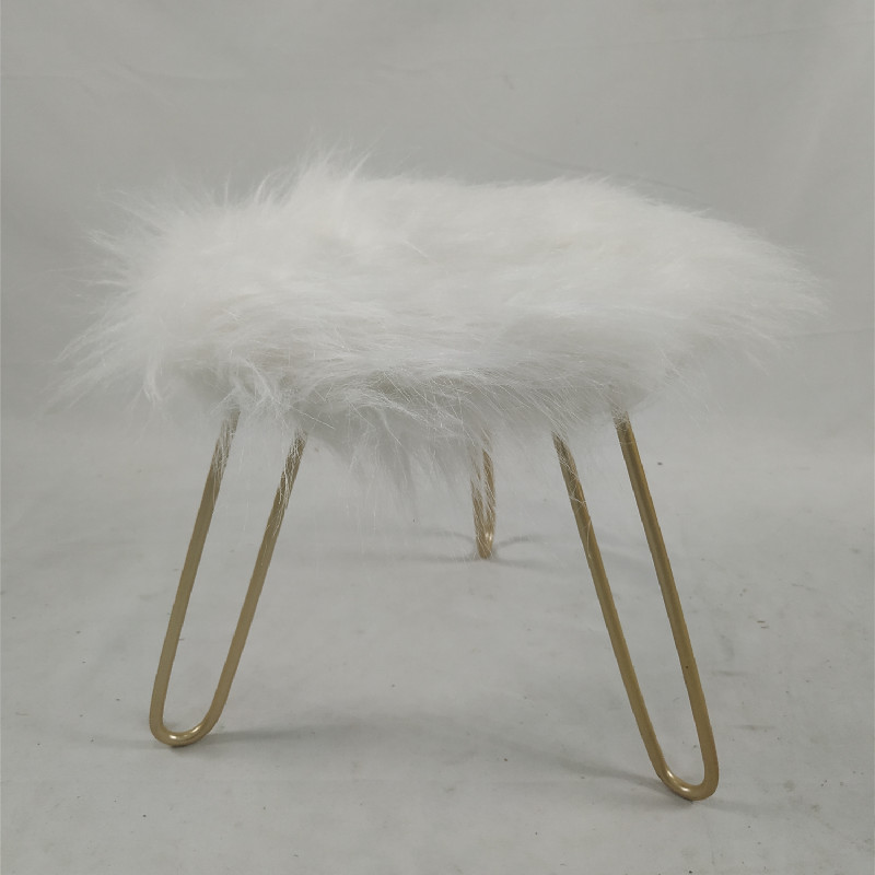 Metal legs round stool KD ottoman with white long fur cover
