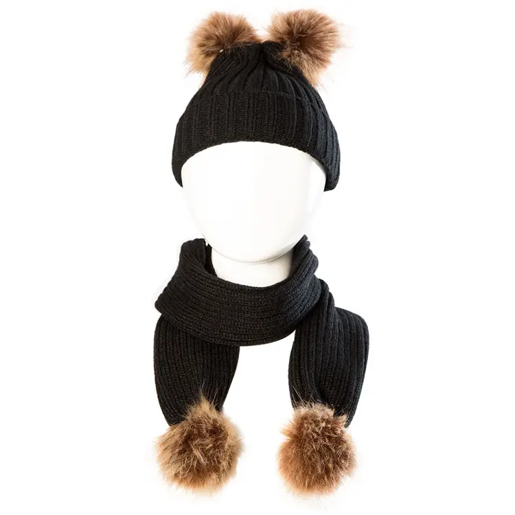 Wholesale fur pom hat kid knit acrylic beanie baby scarf hat set