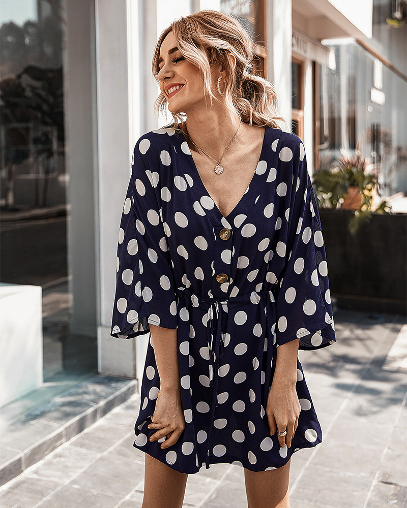 Fashion Hight Quality Women V-Neck Dot Pattern Printed Short Sleeve Holiday Casual Dress