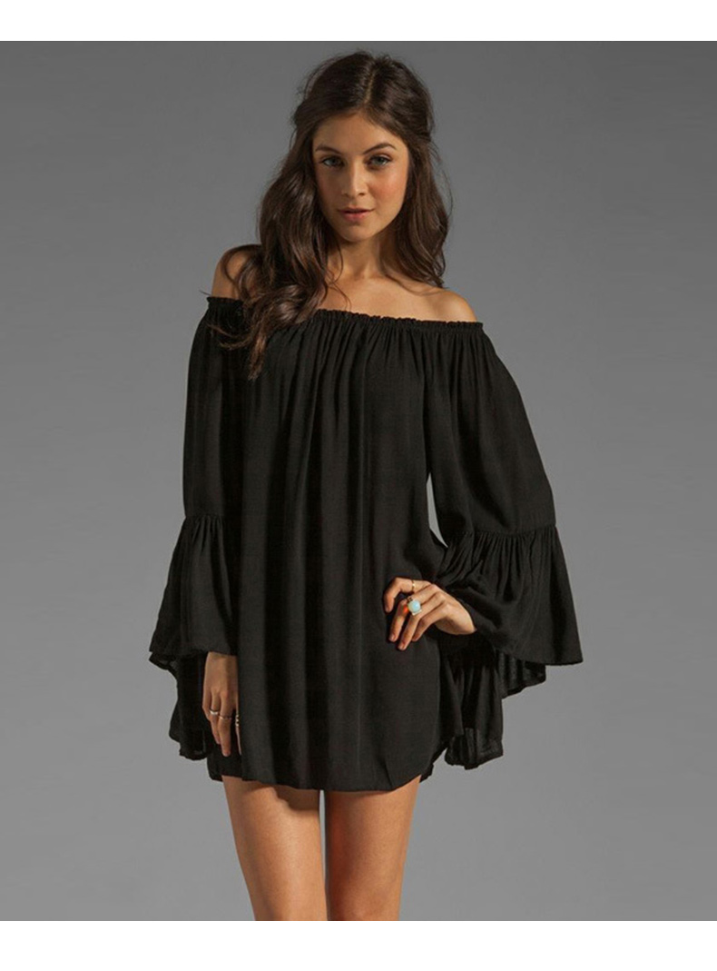 Spot new word shoulder loose chiffon sexy long sleeve dress Women