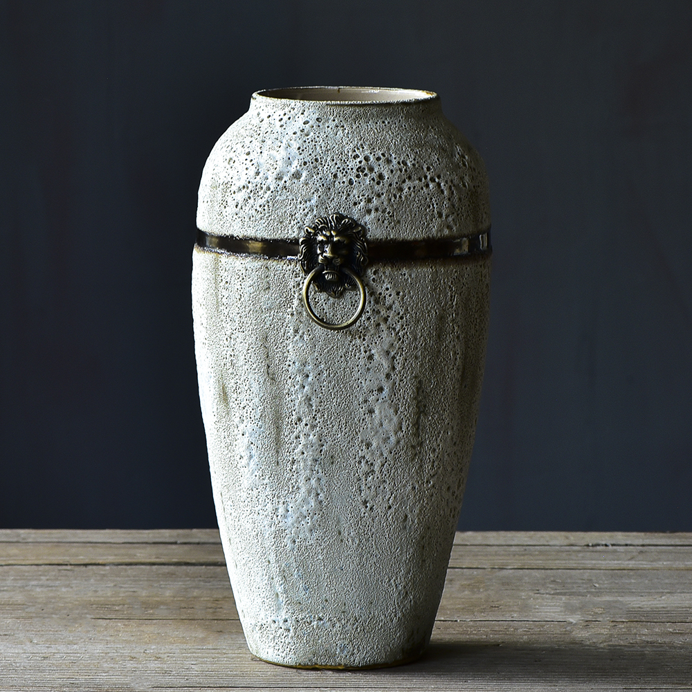 Bixuan Vases White Retro Distressed Ceramic Jar Vase Unique Brass Ring Decor Art Porcelain Vases Table Centerpieces Set of 3