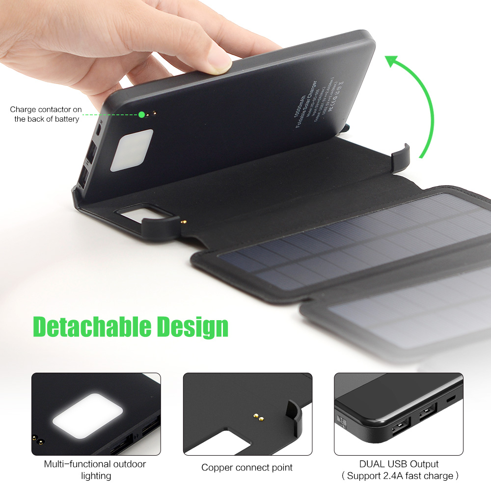 2 in 1 Detachable Solar Phone Charger 10000mAh Power Bank Portable Foldable Solar Panels Leather Cover Powerbank