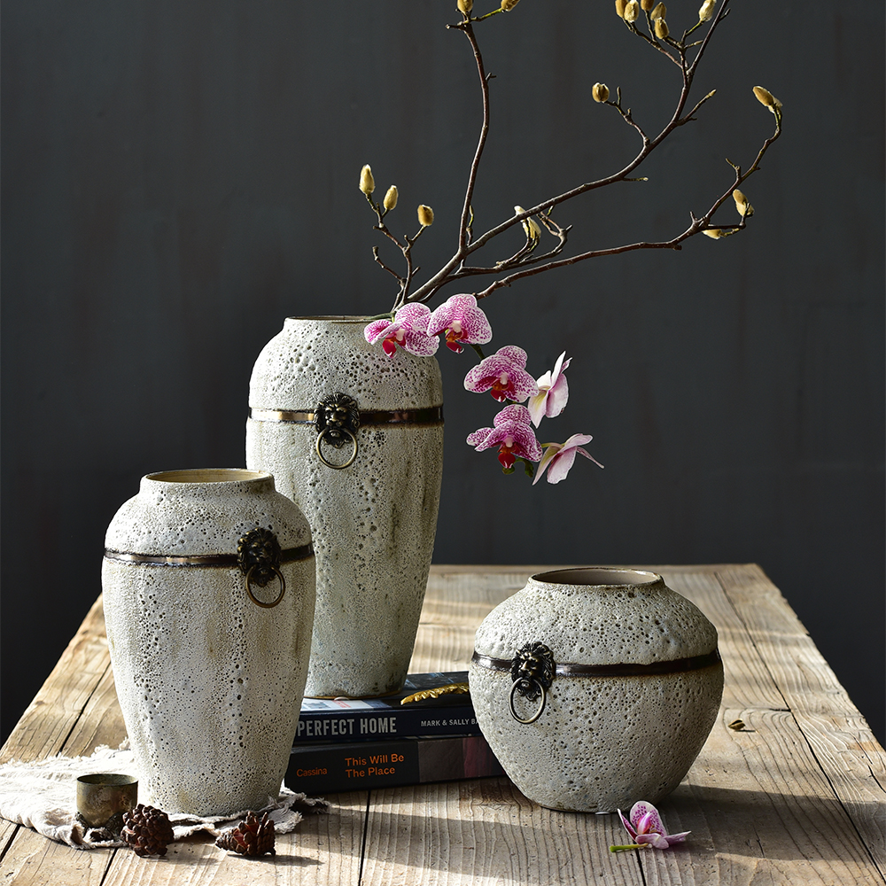 Bixuan Vases White Retro Distressed Ceramic Jar Vase Unique Brass Ring Decor Art Porcelain Vases Table Centerpieces Set of 3