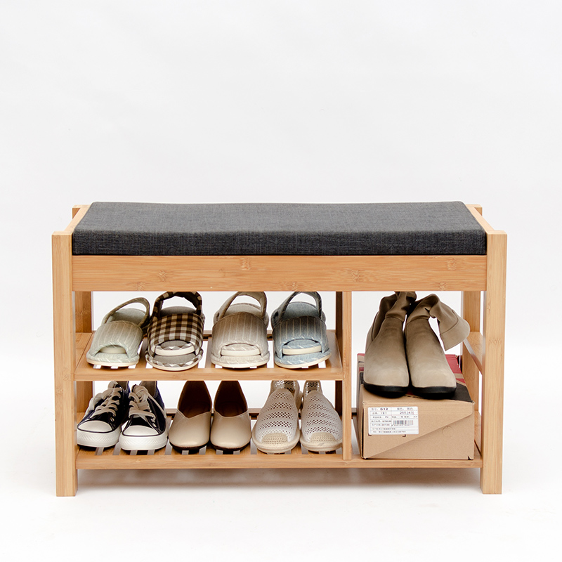 2 layers shoe rack with seat cushion and drawer, bamboo shoe stool for entrance