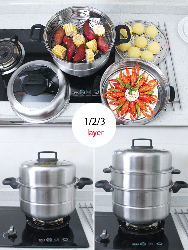 3 layers stainless steel  steamer pot and cookware pot with glass lid