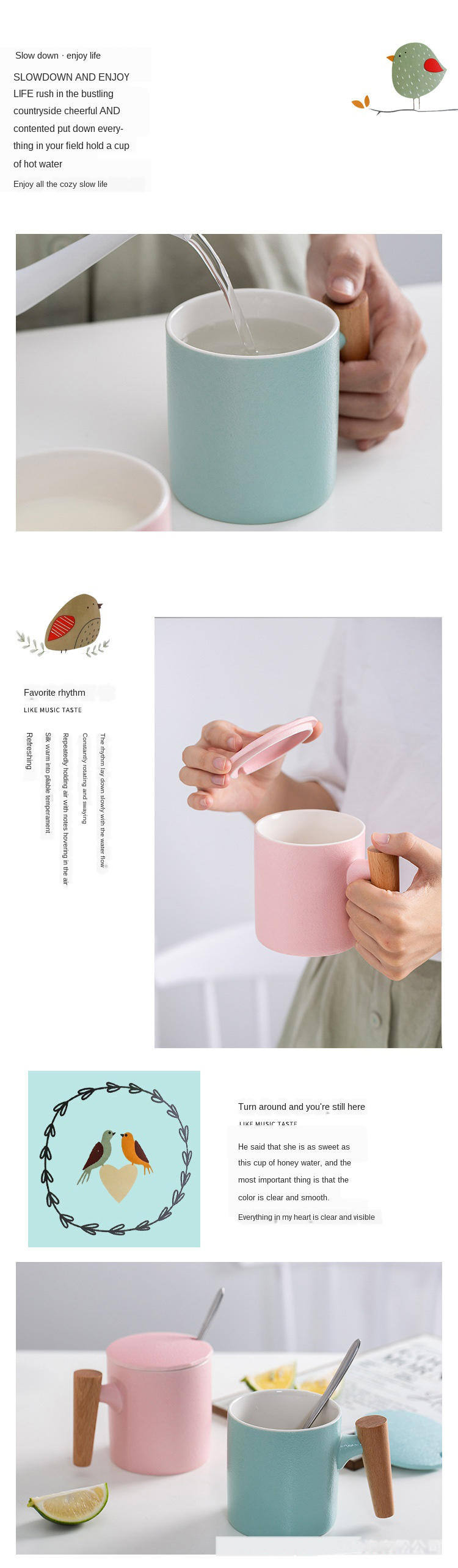 European  Ceramic Coffee Mug With Wooden Handle And Lid Drinkware Colorful Milk Water Cup Mug