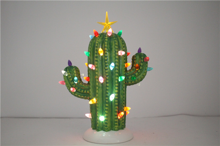 Hot sale LED Christmas decoration statue ceramic cactus ornament handmade mold gifts & crafts for sculptures home decoration