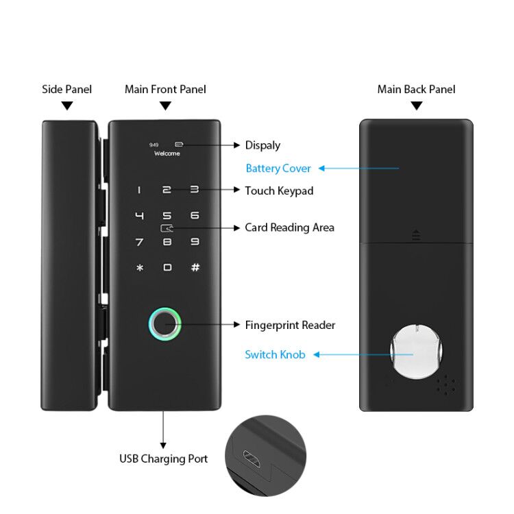 Luxury Keyless Biometric Fingerprint Password Rifd Digital Door Lock for Double Frameless Glass Door