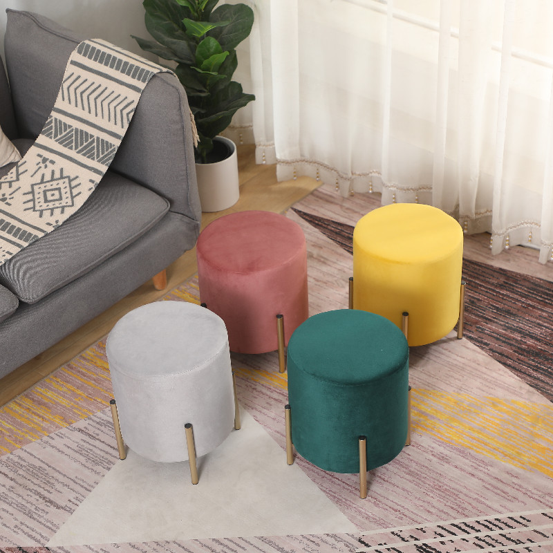 Simple Elegant Ottoman Design Public Chrome Leg Round Shape Velvet Home Furniture Living Room Furniture Home Stool & Ottoman