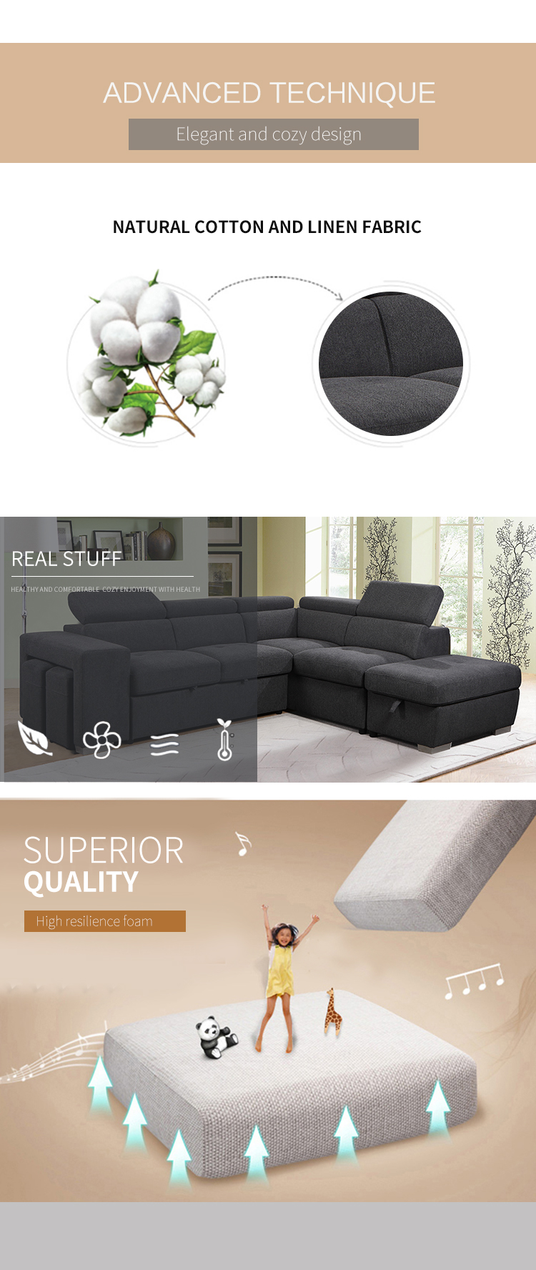 Foldable furniture sofa design modern style living room sofa comfortable fabric sofa set for home
