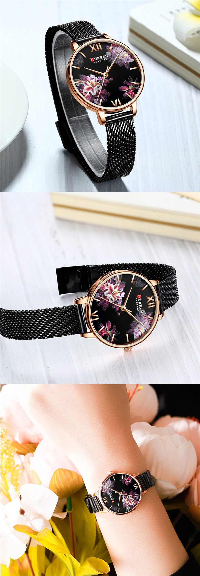 CURREN – montre-Bracelet en acier inoxydable pour femme, fleur, horloge à Quartz, décontracté, nouvelle collection 9060