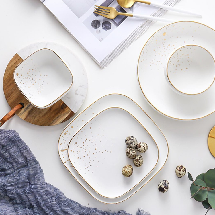 Matte glaze green white square round appetizer pasta plate restaurant wedding ceramics dinner plates with gold embellish