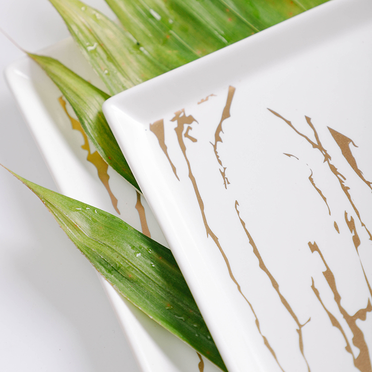 The latest design fancy rectangle gold marble porcelain serving plate for restaurant