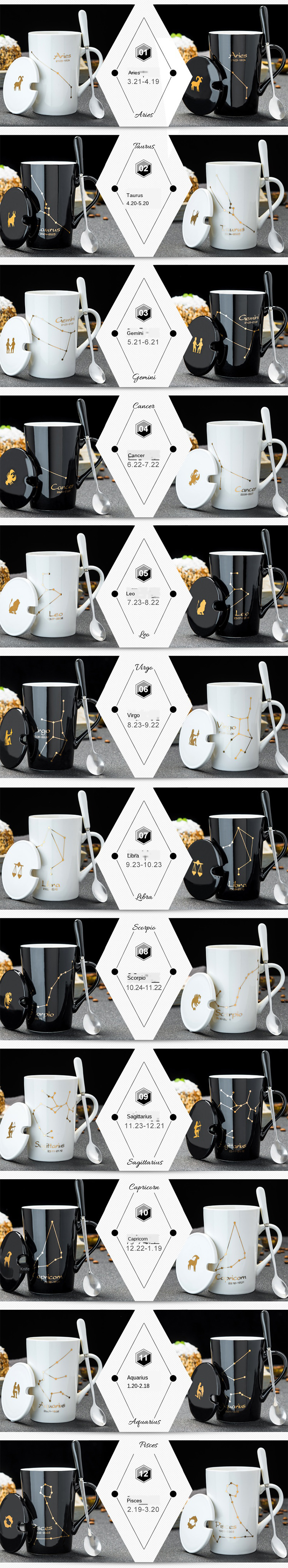 Luxury White Black 12 Constellations Gold Pattern Ceramic Coffee Mug With Lid Spoon And Gold Handle For Souvenir