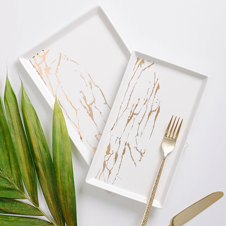 The latest design fancy rectangle gold marble porcelain serving plate for restaurant