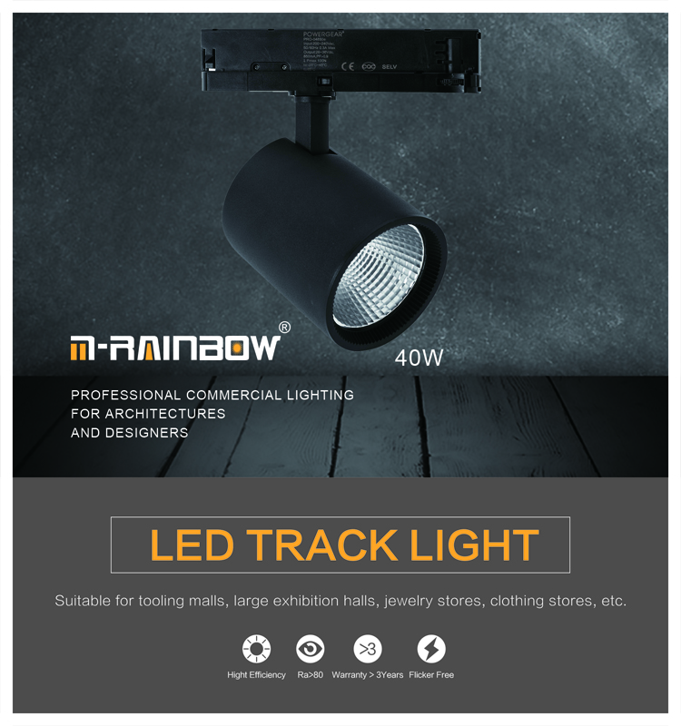 High Quality no flicker driver Dimming  Ra80 COB track Spot Light 30w 40w Track rail Lighting