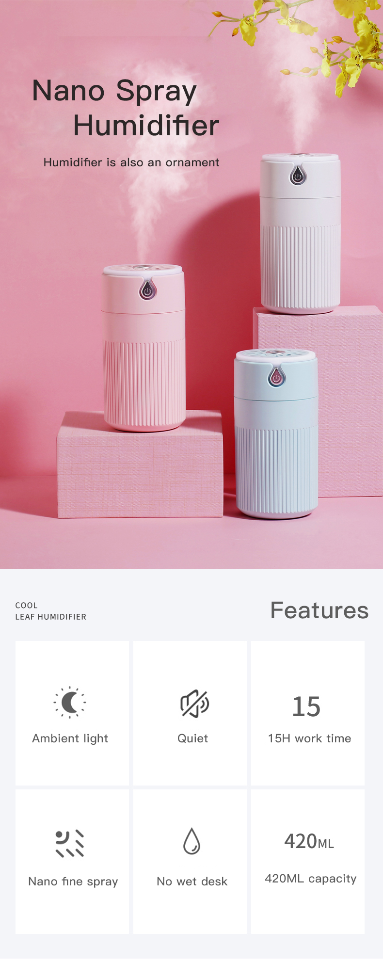 Ultrasonic USB Car Air Humidifier and mini aromatic large humidifier with 420ml