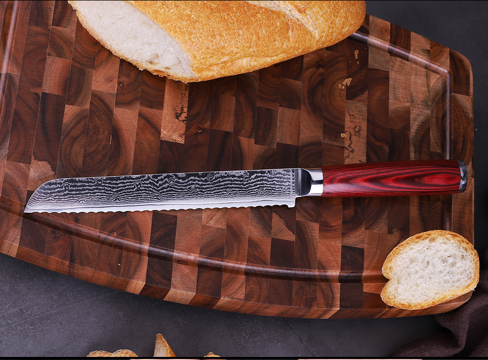 FINDKING Red color wood handle bread knife in 67 layers damascus steel bread knife