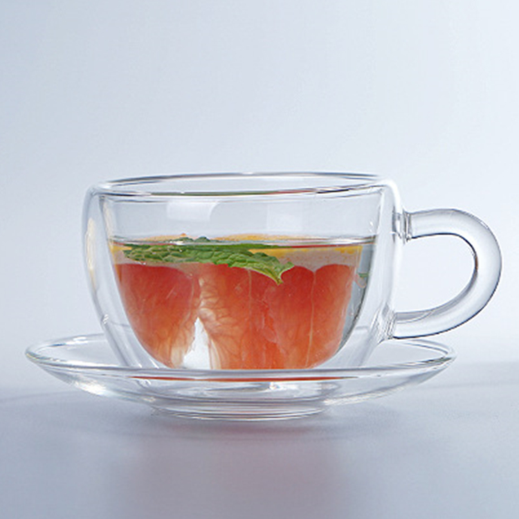 Double Wall Glass Coffee Cup With Dish High Borosilicate  Glass