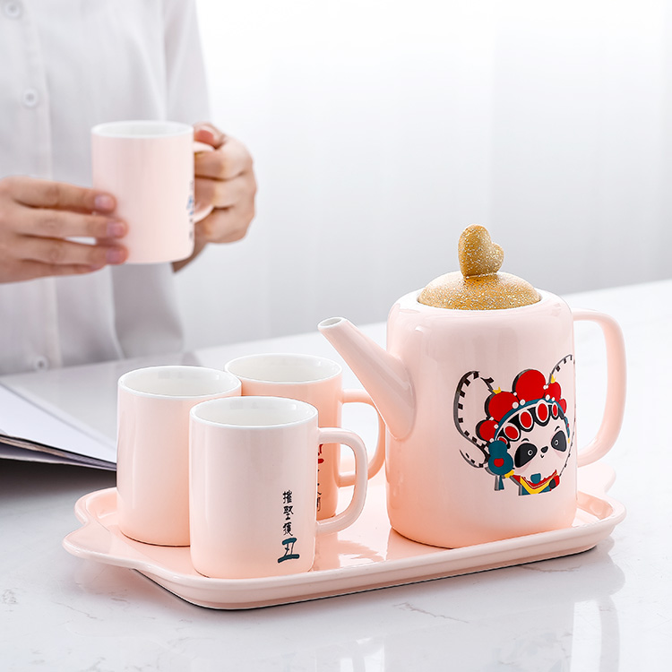 Customized 4 person coffee mug set  pink color tea cups coffee pot coffee set with tray