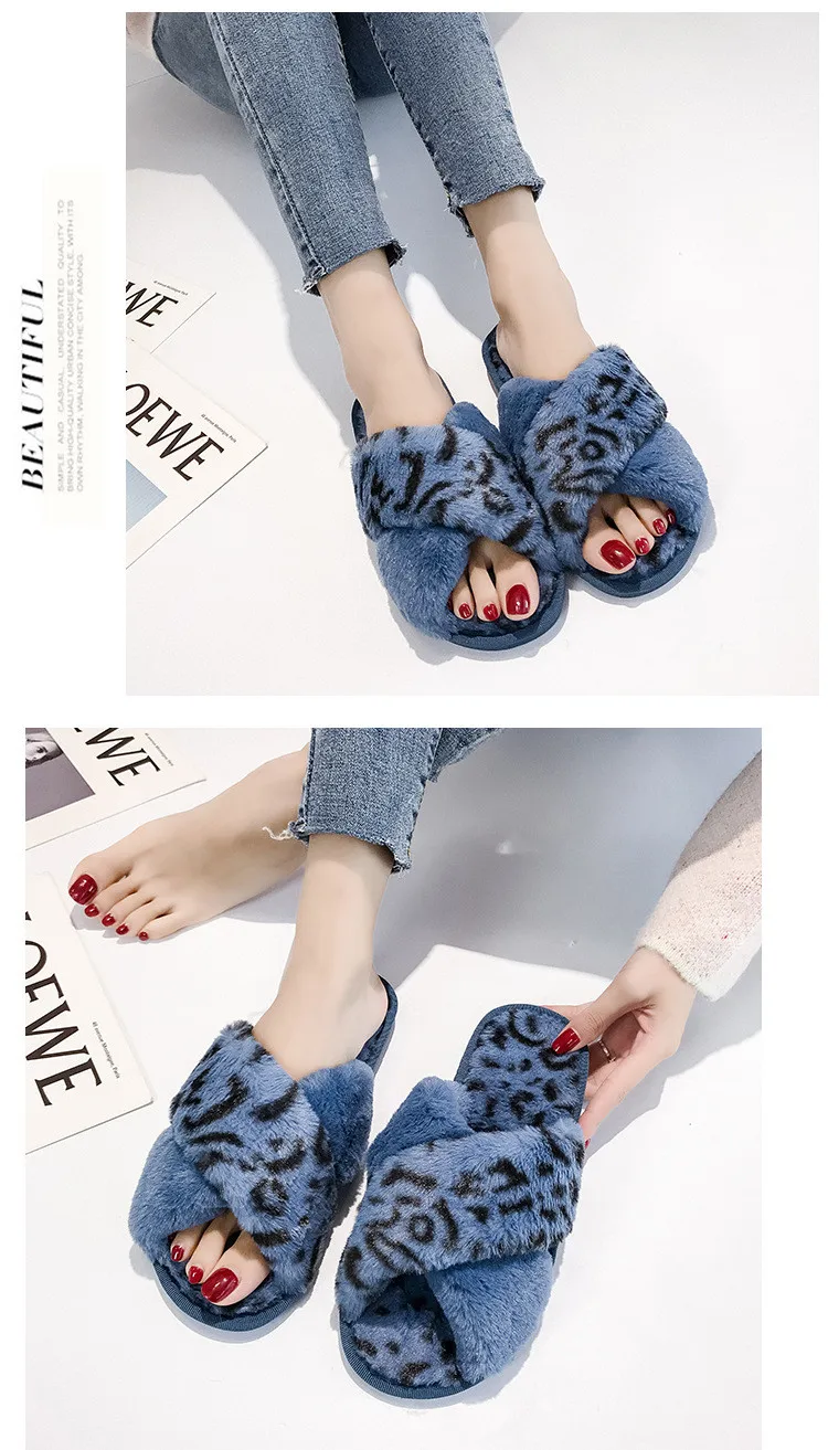Womens Winter Cross Plush Home Slippers Fuzzy Warm Flat Leopard Shoes Open Toe Sandal
