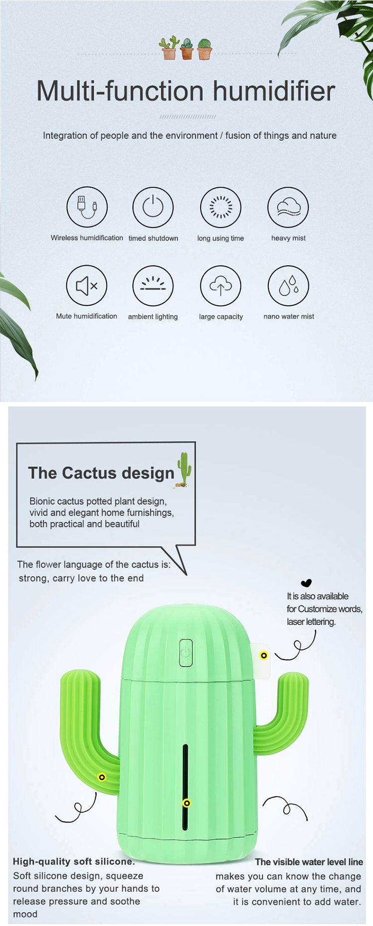 WYWD Hot Sale Item Mini Cactus Air Humidifier 340ml Portable Ultrasonic Humidifier With Night Light
