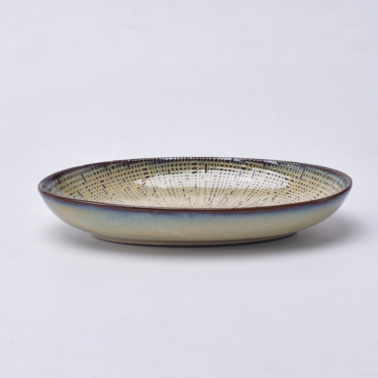 Wholesale fancy texture oval shape dessert porcelain serving plate for hotel