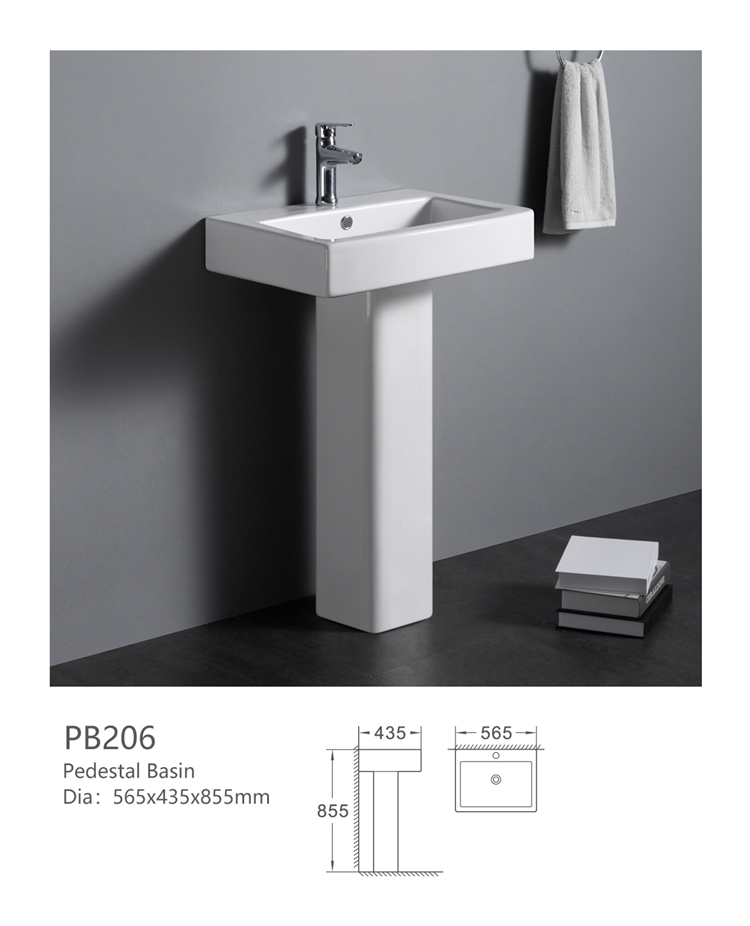 PB206 Factory direct sell rectangle shape ceramic vitreous china hand wash basin with pedestal