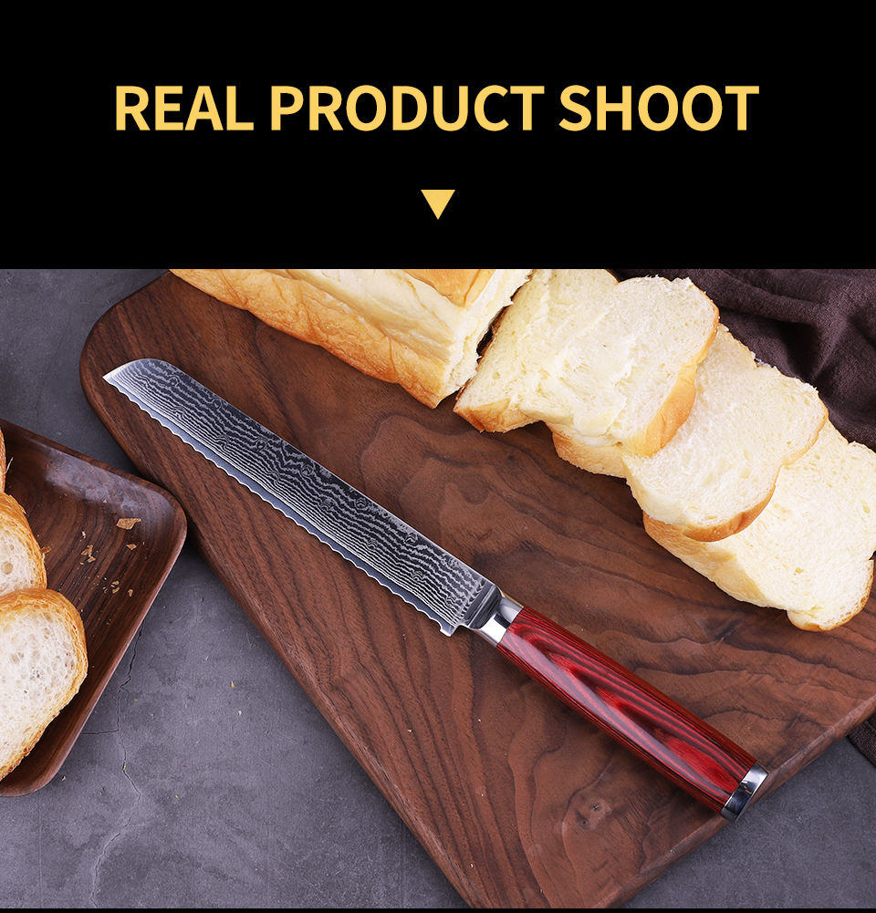 FINDKING Red color wood handle bread knife in 67 layers damascus steel bread knife