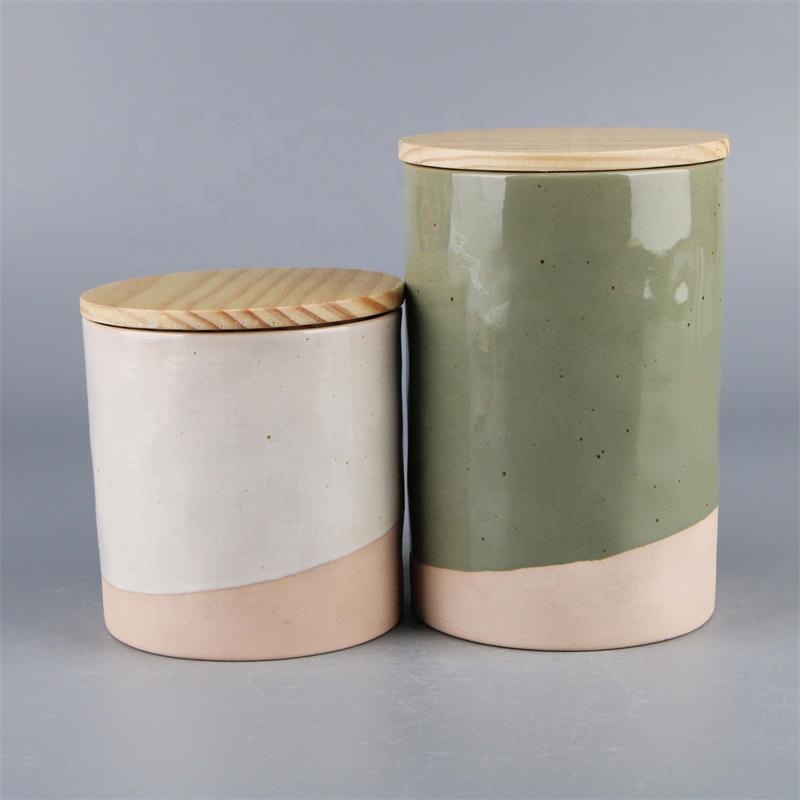wholesale cheap custom green  coffee bean candy sugar big container tea canister ceramic food storage jar with wooden lid