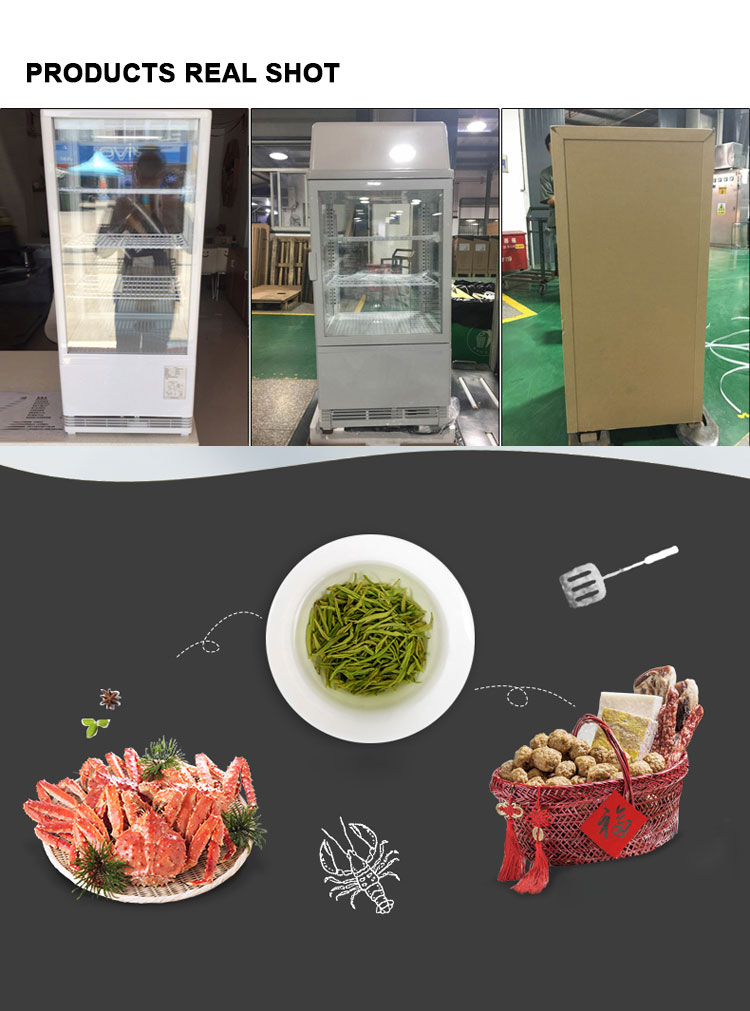 98L cake refrigerated fresh-sided glass display case four sided glass vertical cabinet