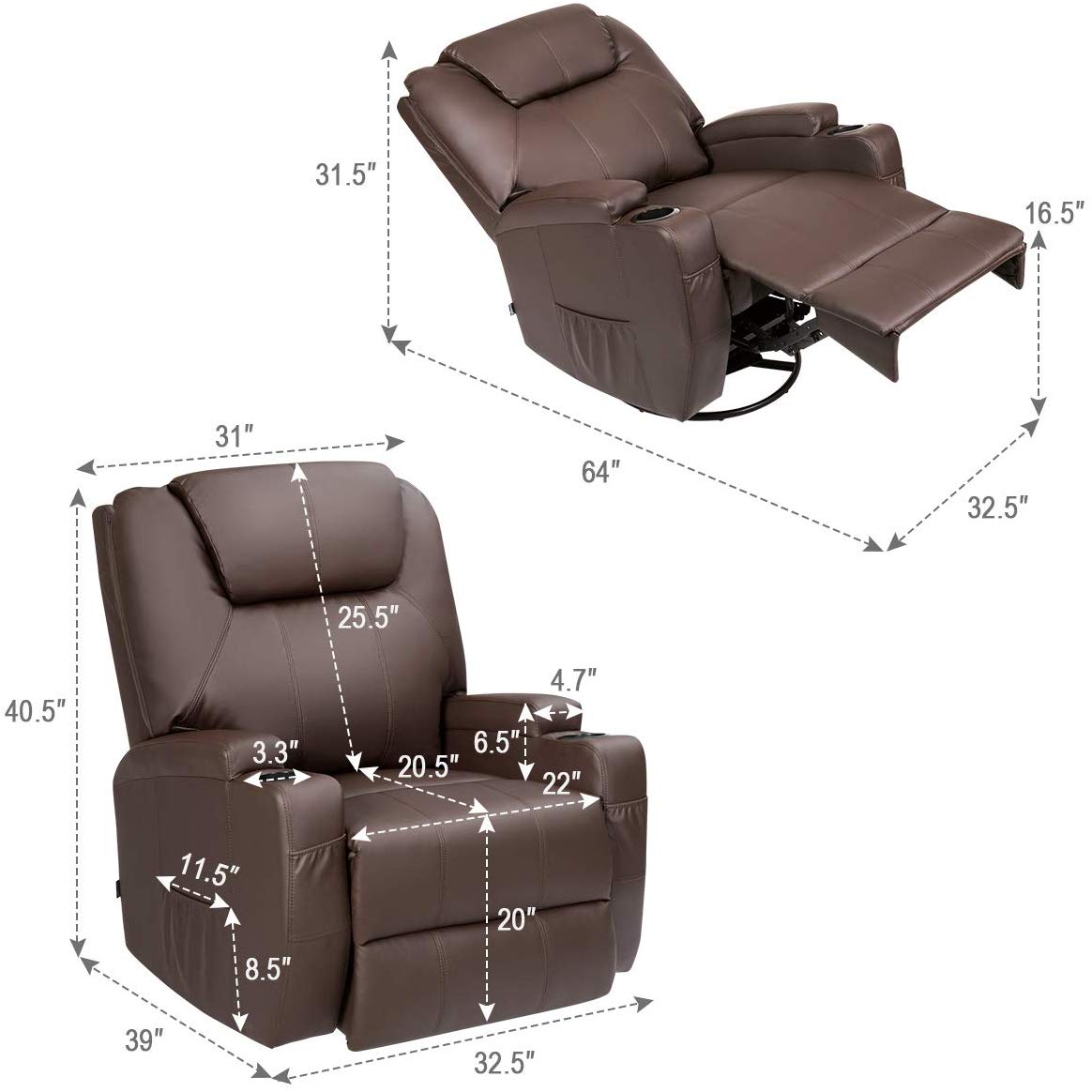 Luxury Leather Single Seat with 8 Point Vibration Massage Heat Leisure Cinema Recliner Sofa