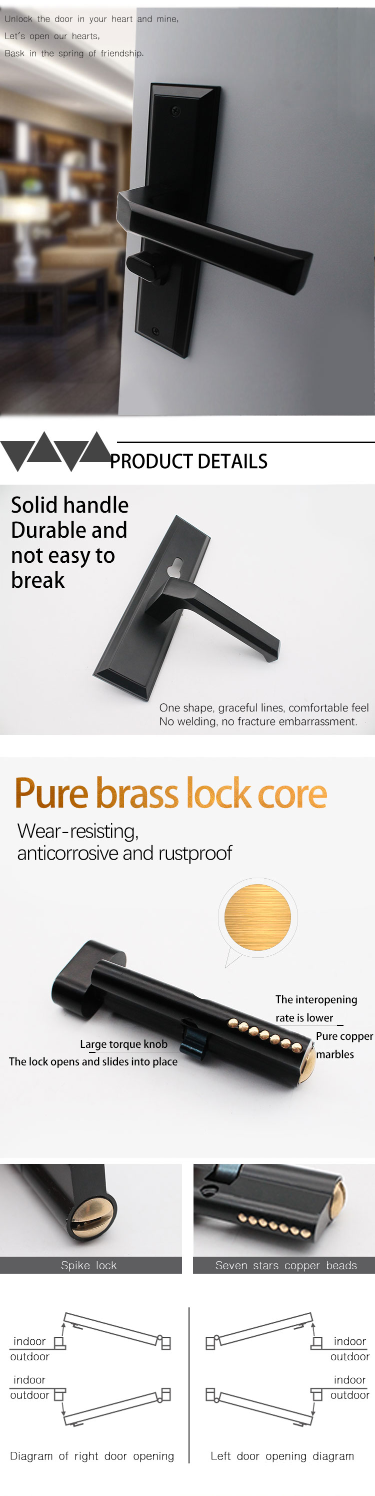 Black Zinc Alloy American Style Door Handle With Plate Zinc Lock Handle With Privacy Latch