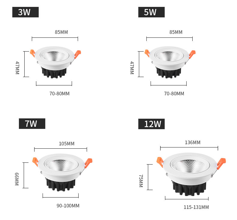 Led筒灯CRI80/90/97无闪烁PF>0.95 5年保修700-800lm嵌入式7W LED筒灯