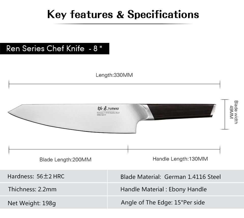 TURWHO 8 Inch German Steel 1.4116 Stainless Kitchen Chef Knife