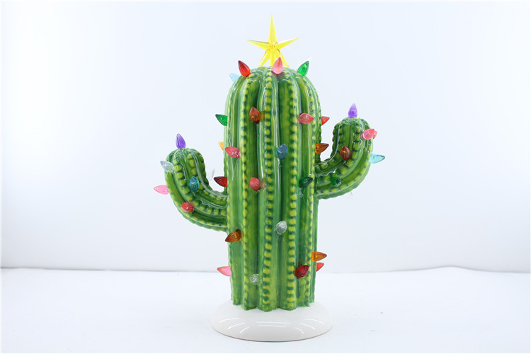 Hot sale LED Christmas decoration statue ceramic cactus ornament handmade mold gifts & crafts for sculptures home decoration