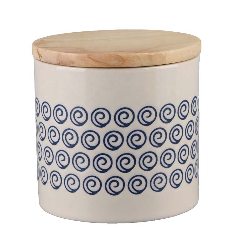 Hot sale cheap custom coffee bean candy sugar container tea canister ceramic food storage jar with wooden carved lid E034