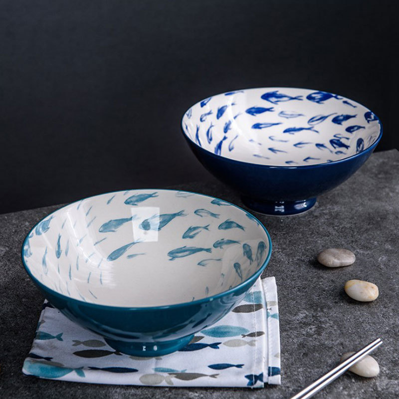 High Quality Household Fish Pattern Soup Large  Blue And White Porcelain Bowl
