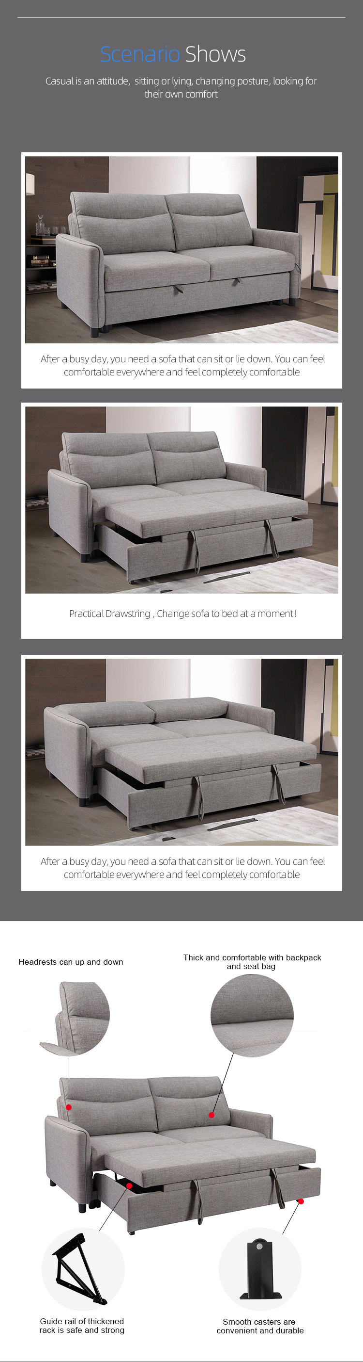 Multifunctional sofa bed living room sitting and lying folding sofa with USB