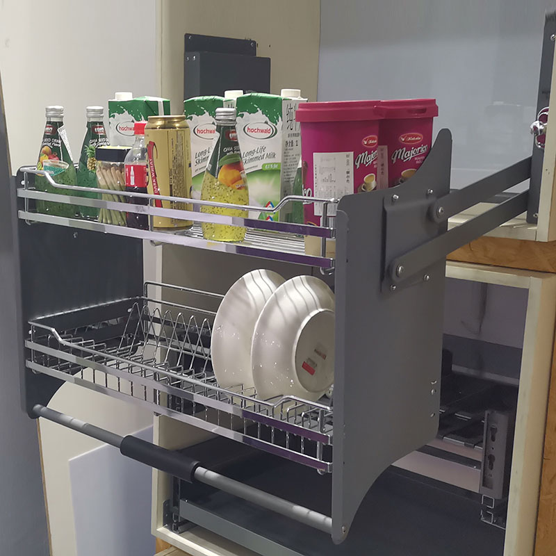 China Kitchen Accessories Adjustable up and down Kitchen Wall Cabinet Lifting storage Baskets