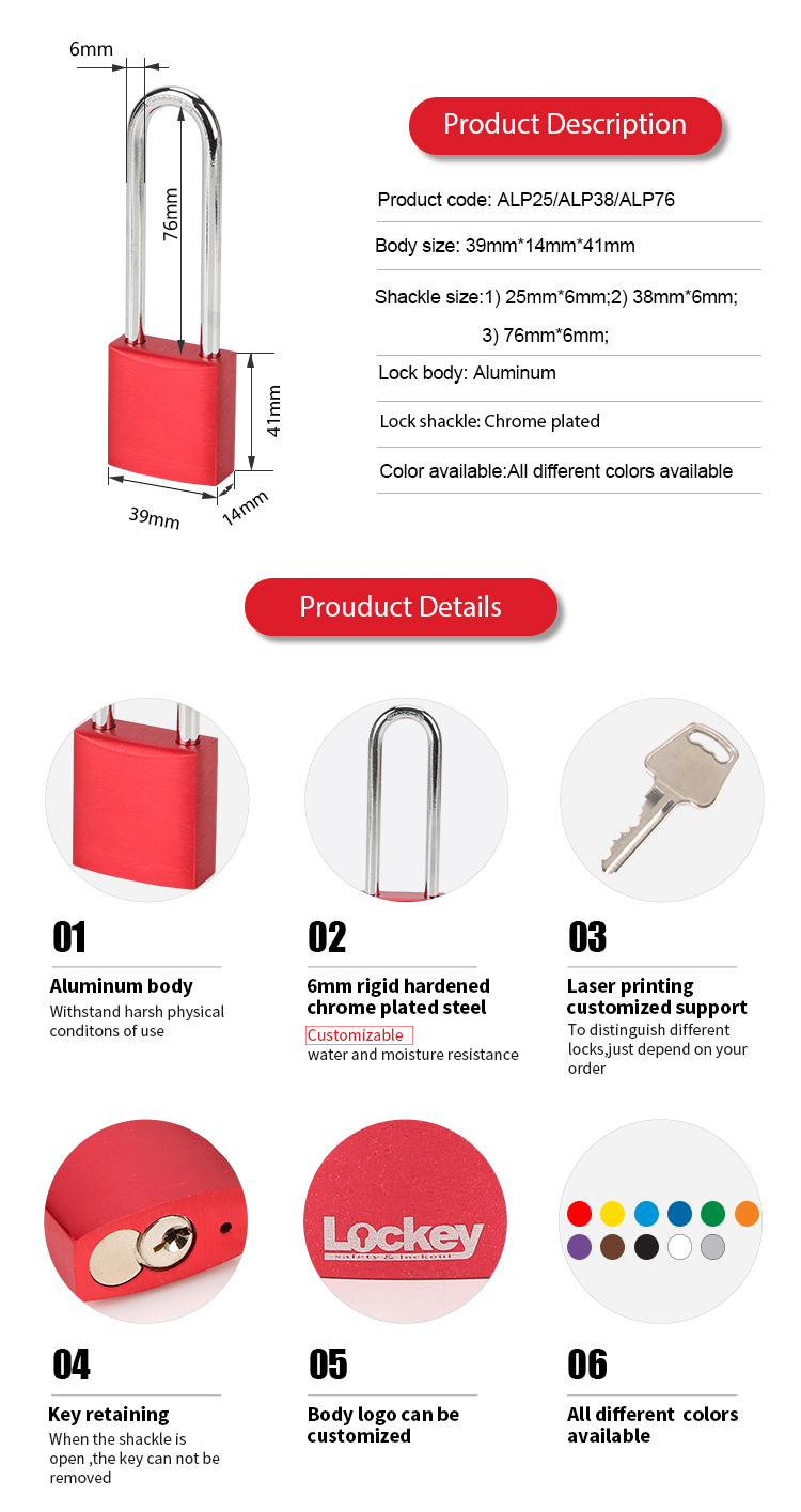 Custom Industrial Keyed Padlock Pad lock Colorful Aluminum Safety Lockout Padlocks