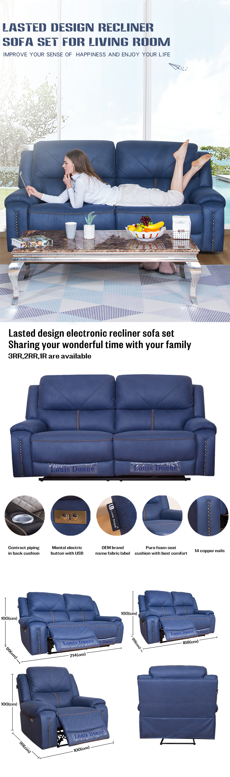 Factory directly wholesale price 3 2 1 seater electric manual recliner air leather fabric sofa with with blue light cup holder