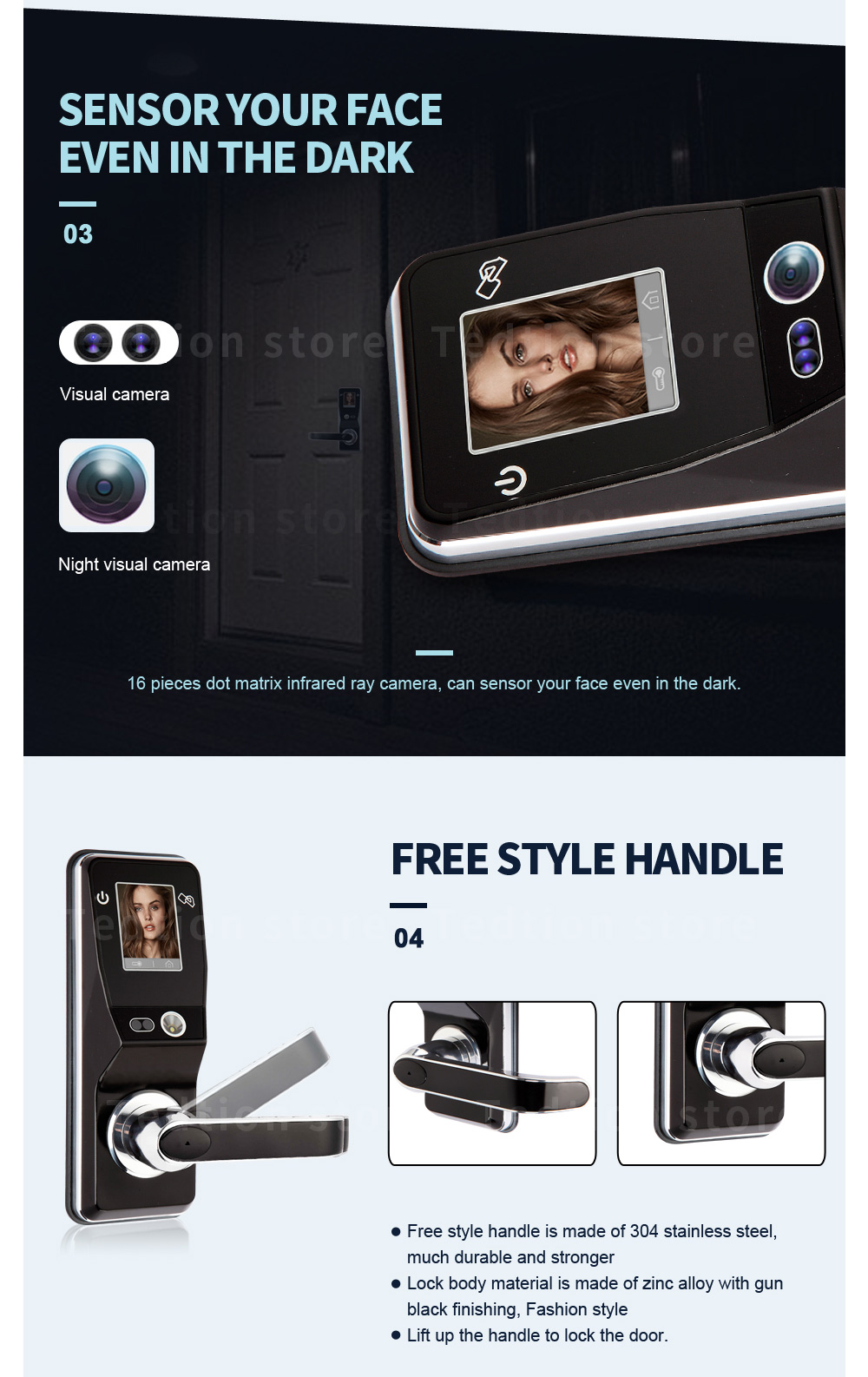 Tediton Outdoor Biometric Fingerprint Smart Digital Door Lock with Face recognition