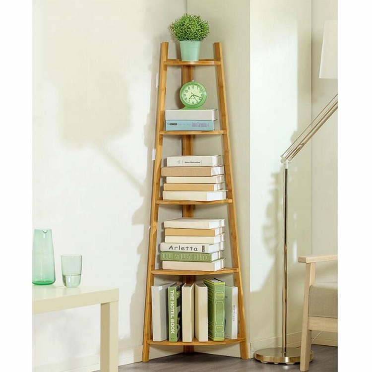Corner Storage Rack Multi-Layer Floor Stand Save Space Shelf Bookcase DIY, Multifunctional Bamboo Bookshelf