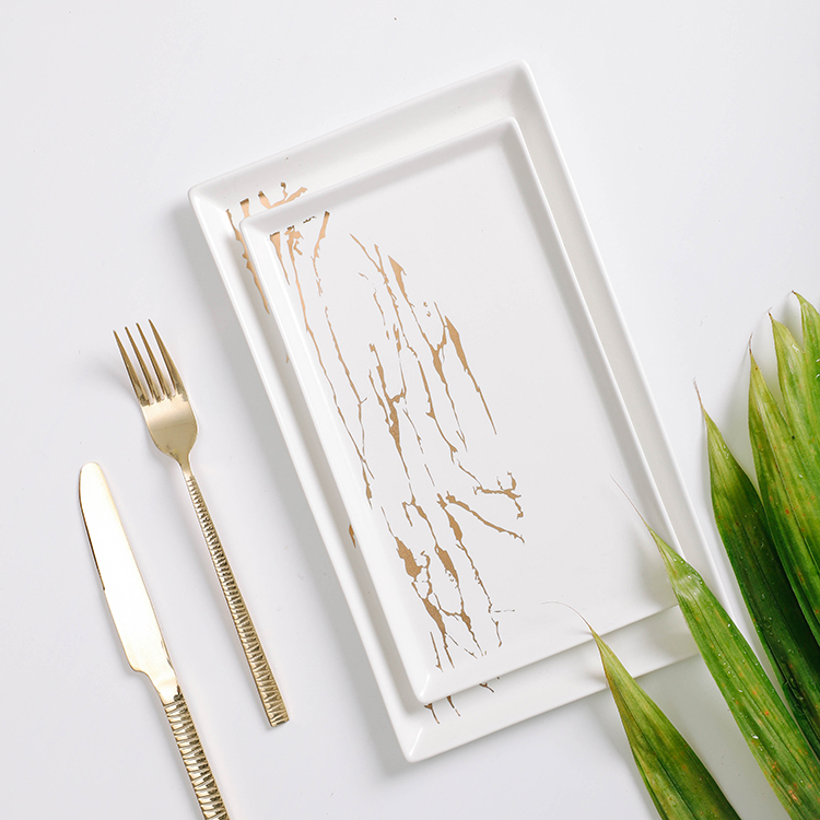 The latest design fancy rectangle gold marble porcelain serving plate for restaurant