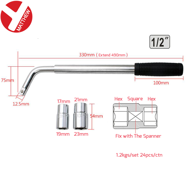 Car Tire Spanner Telescopic Tyre Lug Nut Wrench with 1/2'' Drive Head