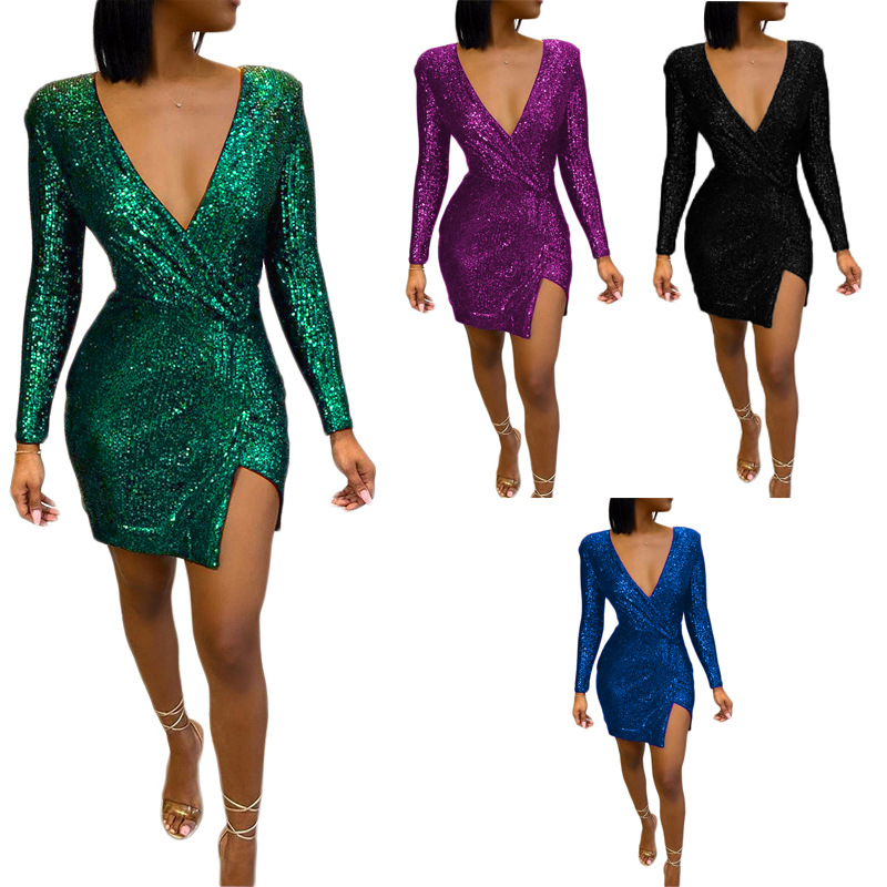 2020 fashion long sleeve v neck lady elegant mini sexy party women sequin dress